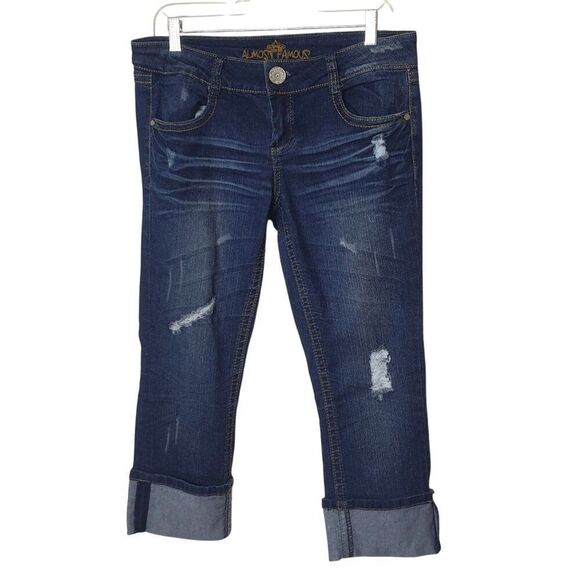 Almost Famous Juniors Distressed Capri Jeans 11 Y2K Dark Pop Punk Roll Cuff Edgy - Picture 1 of 5